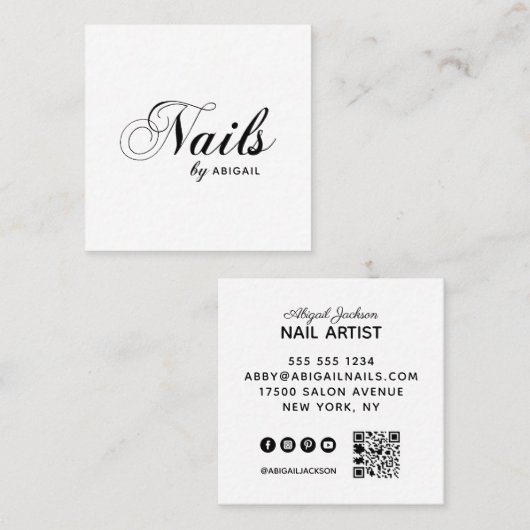 Elegante Skriptnagel nach Name QR Code Schwarz & W Quadratische Visitenkarte (Vorne/Hinten)