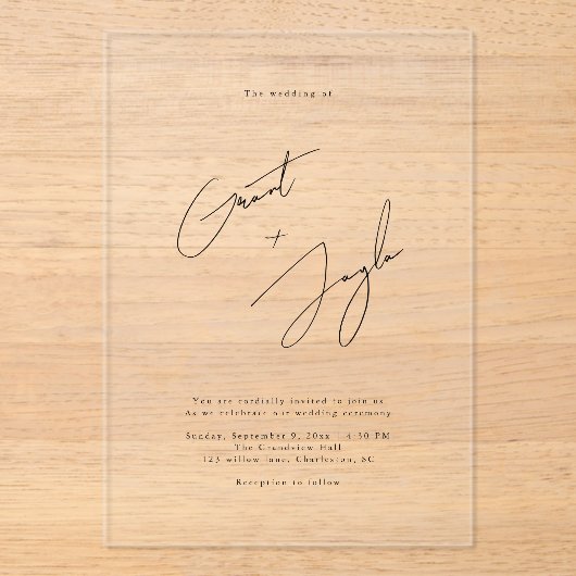 Elegante Skriptnamen Hochzeit Modernes Schwarzes K Acryleinladungen (Vorderseite)