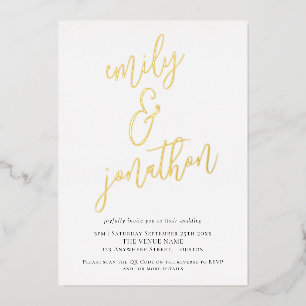Elegante Skriptnamen QR-Code Hochzeit Echtfolie Folieneinladung