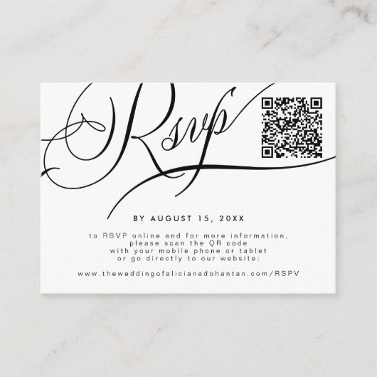 Elegante Skriptwebsite QR Code Hochzeit RSVP Begleitkarte (Vorderseite)