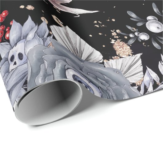 Elegante Skull Rose Coffin Silver Black Geschenkpapier (Rolleneckpunkt)