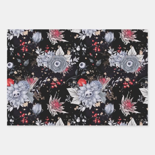 Elegante Skull Rose Coffin Silver Black Geschenkpapier Set (Vorderseite)