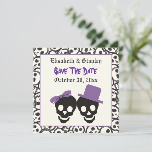 Elegante Skulls Halloween Hochzeit Save the Date (Stehend Vorderseite)
