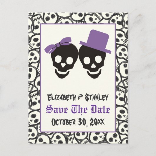 Elegante Skulls Halloween Hochzeit Save the Date Ankündigungspostkarte (Vorderseite)