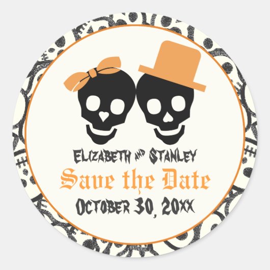 Elegante Skulls Halloween Hochzeit Save the Date Runder Aufkleber (Vorderseite)