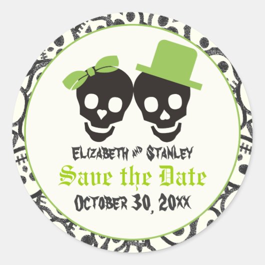 Elegante Skulls Halloween Hochzeit Save the Date Runder Aufkleber (Vorderseite)