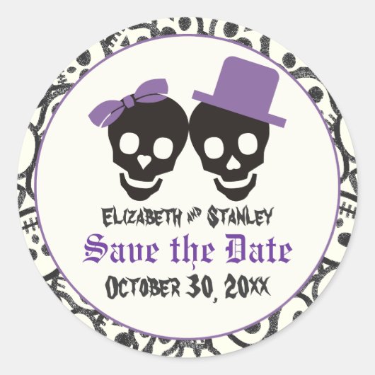Elegante Skulls Halloween Hochzeit Save the Date Runder Aufkleber (Vorderseite)
