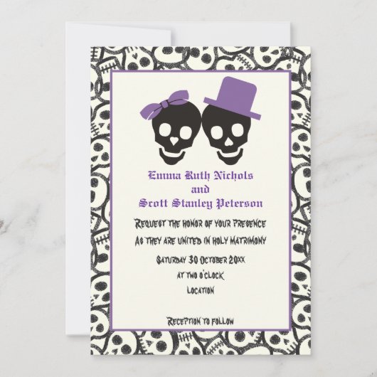 Elegante Skulls Halloween lila Hochzeitseinladung Einladung (Vorderseite)