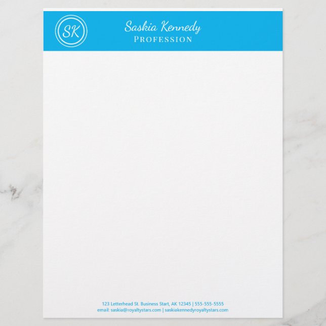 Elegante Sky Blue Beruflich Monogram Business Briefbogen (Vorderseite)
