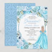 Elegante Sky Blue Floral Quinceanera Einladung (Vorne/Hinten)