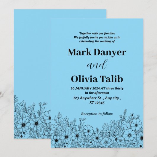 Elegante Sky Blue Wedding Einladung - Romantisch (Vorne/Hinten)