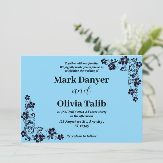 Elegante Sky Blue Wedding Einladung - Romantisch (Stehend Vorderseite)