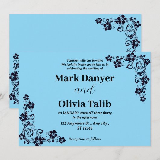 Elegante Sky Blue Wedding Einladung - Romantisch (Vorne/Hinten)