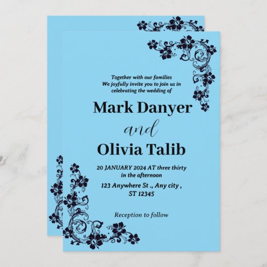 Elegante Sky Blue Wedding Einladung - Romantisch (Vorne/Hinten)