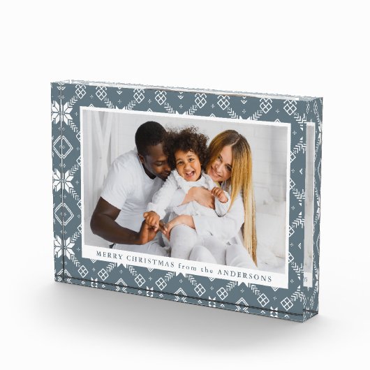 Elegante Slate Blue Nordic Snowflake Weihnachten Fotoblock (Rechts)
