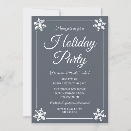 Elegante Slate Gray Snowflake Script Holiday Party Einladung (Vorderseite)