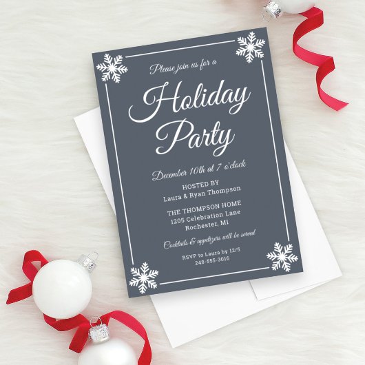 Elegante Slate Gray Snowflake Script Holiday Party Einladung