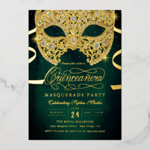 Elegante Smaragd-Gold-Masquerade-Quinceanera Folieneinladung