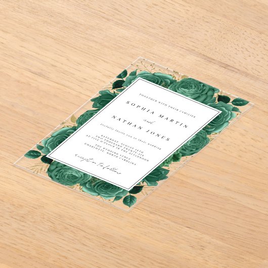Elegante Smaragd und Gold Rose Klare Hochzeit Acryleinladungen (Ablage )