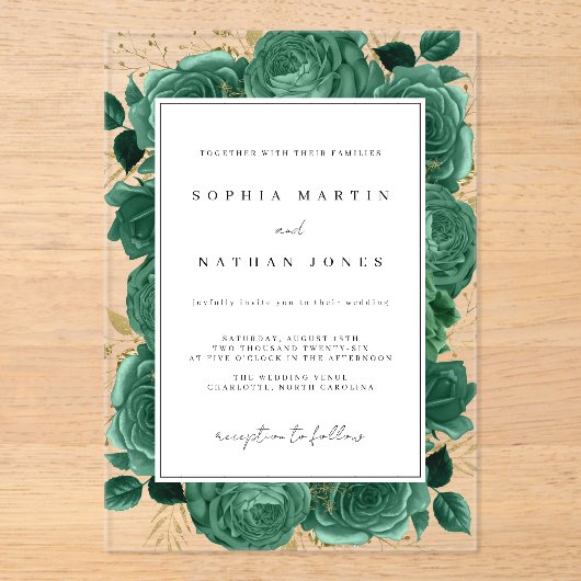 Elegante Smaragd und Gold Rose Klare Hochzeit Acryleinladungen (Vorderseite)