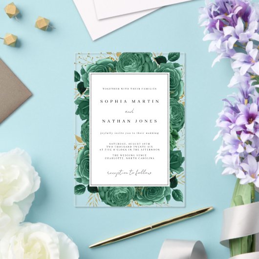 Elegante Smaragd und Gold Rose Klare Hochzeit Acryleinladungen (In Situ (Hochzeit))