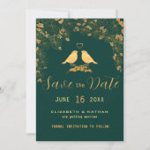 Elegante Smaragdgrün & goldblütige Vögel Rettete d Save The Date (Vorderseite)