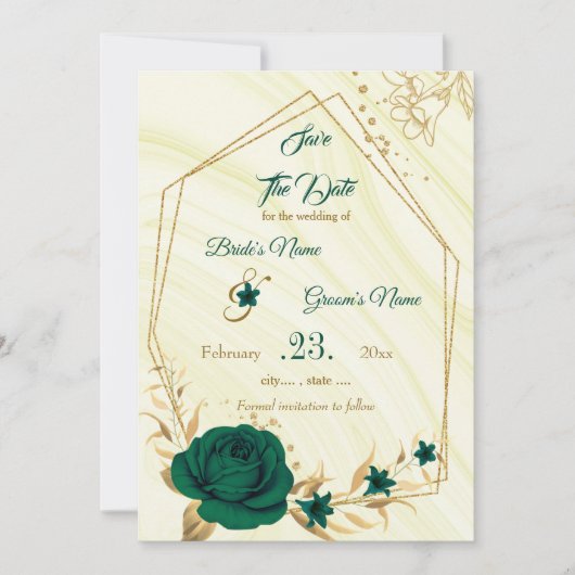 elegante Smaragdgrün-goldene Blüte Save The Date (Vorderseite)