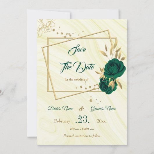 elegante Smaragdgrün-goldene Blüte Save The Date (Vorderseite)