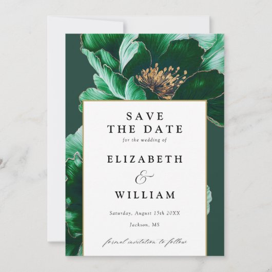 Elegante Smaragdgrün- und Goldblumenhochzeit Save The Date (Vorderseite)