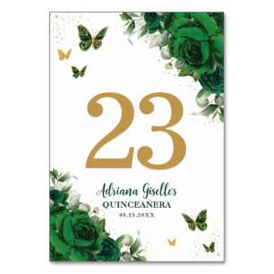 Elegante Smaragdgrüne Florale Goldene Schmetterlin Tischnummer