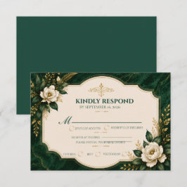 Elegante Smaragdgrüne Goldene Florale Marmor-Hochz RSVP Karte