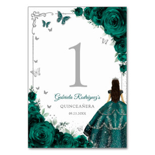 Elegante Smaragdgrüne Rosen Silber Quinceanera Tischnummer