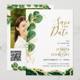 Elegante Smarald and Gold Agate Eukalyptus Wedding Save The Date