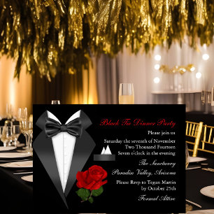 Elegante Smoking & Rose Schwarz-Weiß-Essen-Einladu Einladung