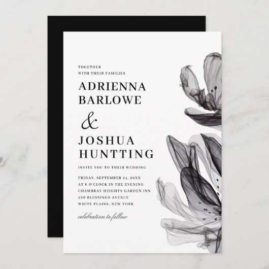 Elegante Smoky-Blume-Side-Text-Black-Hochzeit Einladung (Vorne/Hinten)