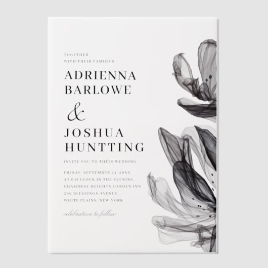 Elegante Smoky-Blume-Side-Text-Black-Hochzeit Pergament Einladungen (Vorderseite)