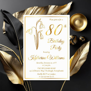 Elegante Snowdrops 80. Geburtstagsparty gestempelt Folieneinladung