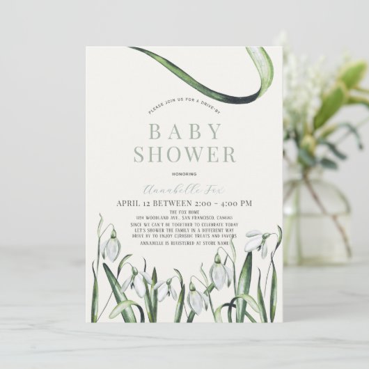 Elegante Snowdrops Wasserfarbenantrieb mit Baby-Du Einladung (Stehend Vorderseite)