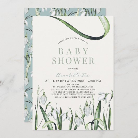 Elegante Snowdrops Wasserfarbenantrieb mit Baby-Du Einladung (Vorne/Hinten)