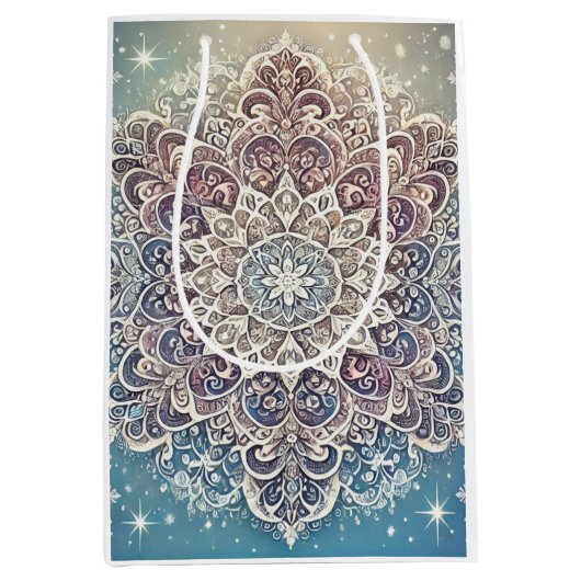 Elegante Snowflake Mandala in Frosty Hues Mittlere Geschenktüte (Vorderseite)