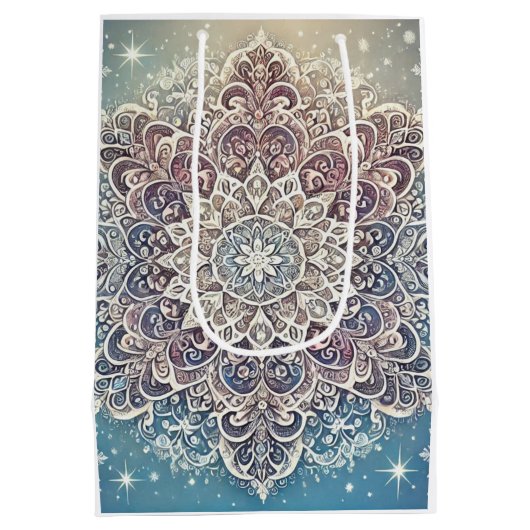 Elegante Snowflake Mandala in Frosty Hues Mittlere Geschenktüte (Rückseite)