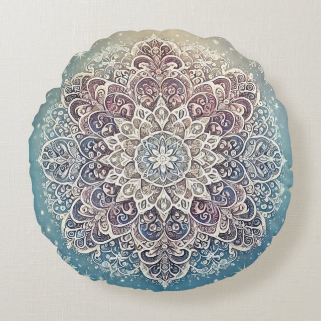 Elegante Snowflake Mandala in Frosty Hues Rundes Kissen (Vorderseite)