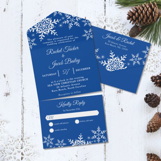 Elegante Snowflakes Deep Blue Winter Wedding All In One Einladung