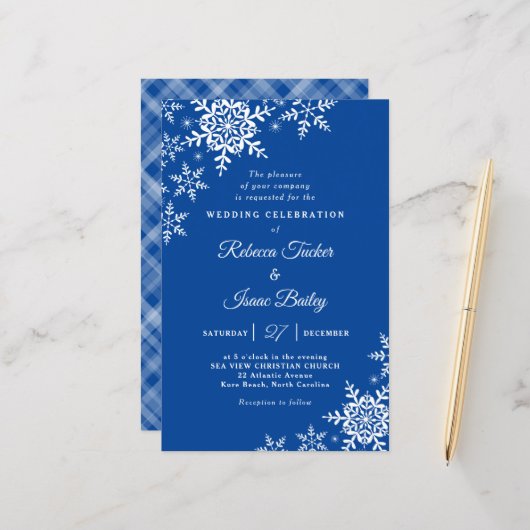 Elegante Snowflakes Kariert Blue Wedding Einladung (Vorderseite/Rückseite Beispiel)