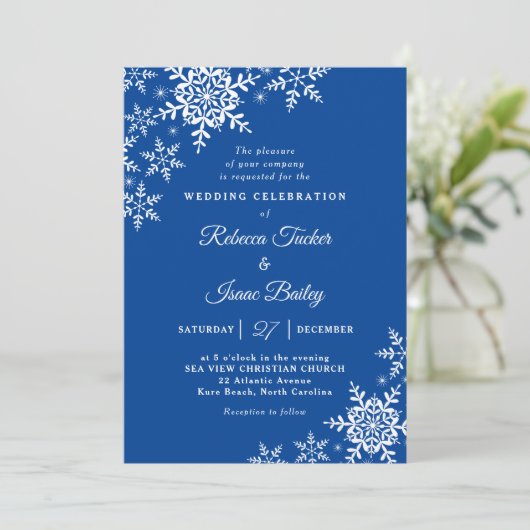 Elegante Snowflakes Kariert Deep Blue Wedding Einladung (Stehend Vorderseite)
