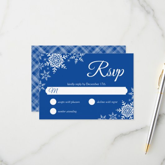Elegante Snowflakes Kariert Deep Blue Wedding RSVP (Vorderseite/Rückseite Beispiel)