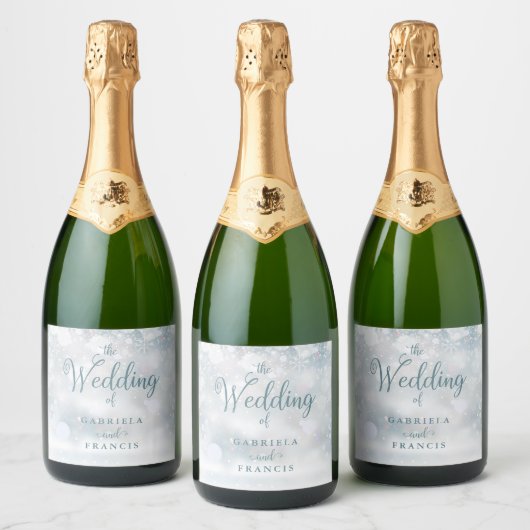 Elegante Snowflakes Script Winter Wedding Schaumweinetikett (Flaschen)