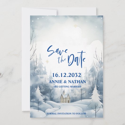 Elegante Snowy Night Winter Wedding Save the Date (Vorderseite)