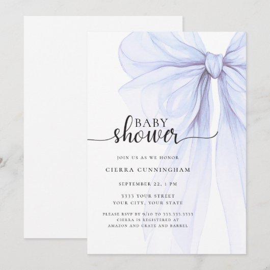 Elegante Soft Blue Bow Baby Dusche Einladung (Vorne/Hinten)