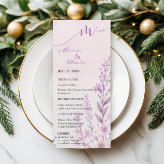 Elegante Soft Blush Lavendel Blumenhochzeit Menükarte